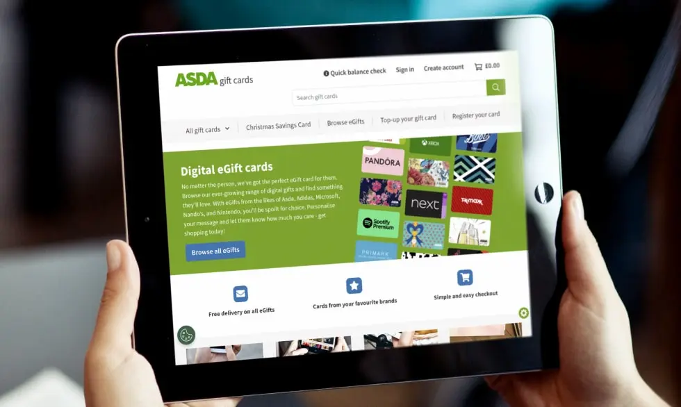 Tablet showing Asda gift cards