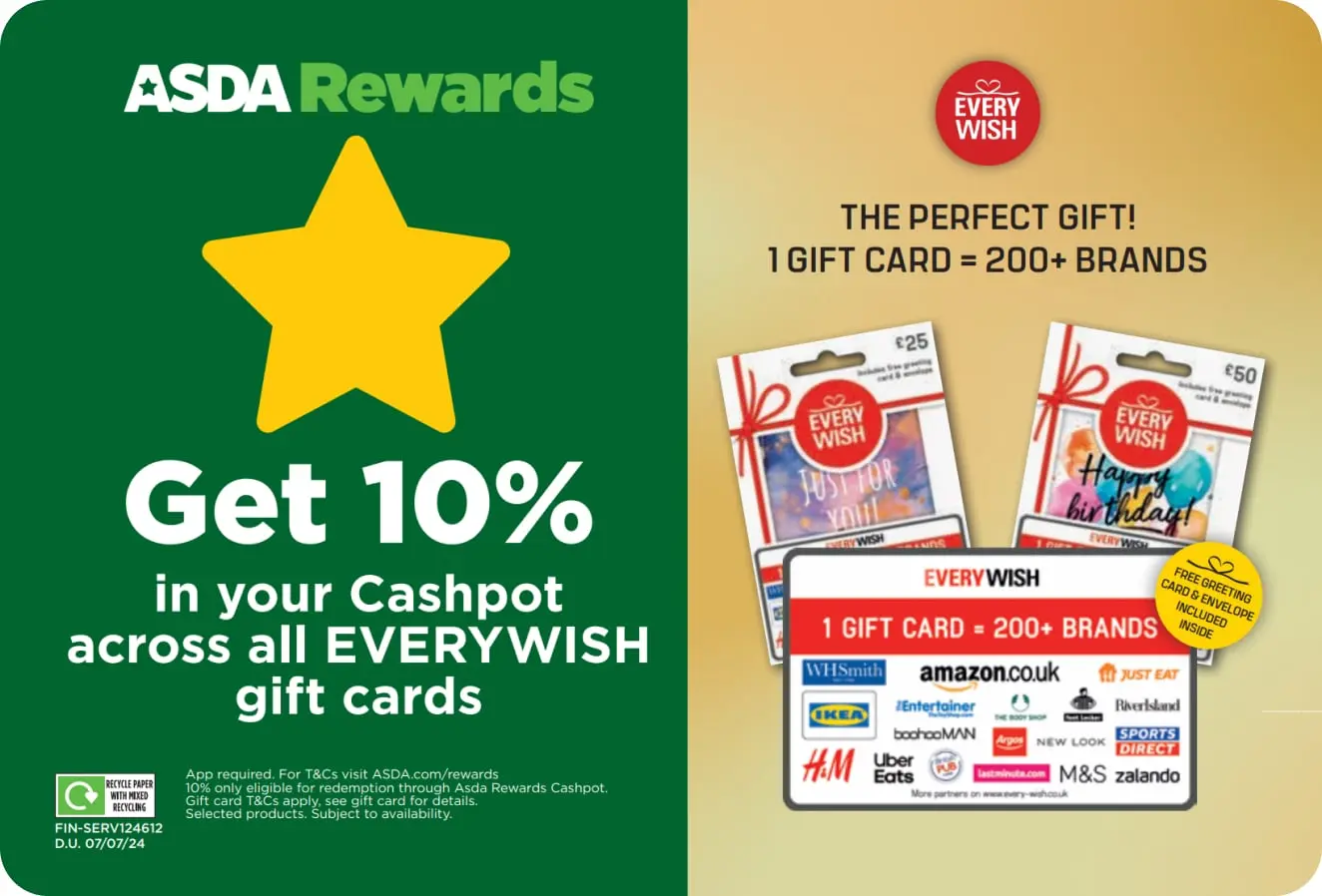 Get 10% in your Asda Rewards cashpot across all EVERYWISH gift cards.